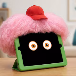 Green IPad with orange eyes wearing pink hair and a red cap 