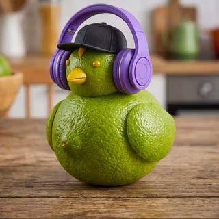 Lime chicken wearing a black backwards cap and purple headphones 