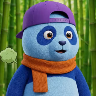 Blue panda wearing a purple backwards cap and wearing an orange scarf 