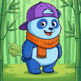 Blue panda wearing a purple backwards cap with an orange scarf 