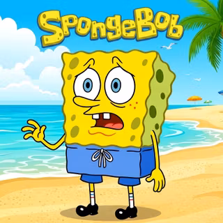 SpongeBob at the beach | Desktop Wallpaper (With Text)