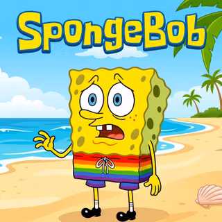SpongeBob at the beach | Desktop Wallpaper (With Text)