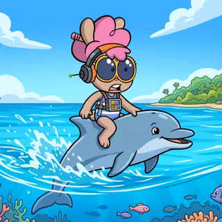 Dr.Annabelle riding a Dolphin | Super Duper Bunny League™ Desktop Wallpaper (2K)