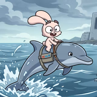 Stumpy riding a Dolphin [3] | Super Duper Bunny League™ Desktop Wallpaper (2K)