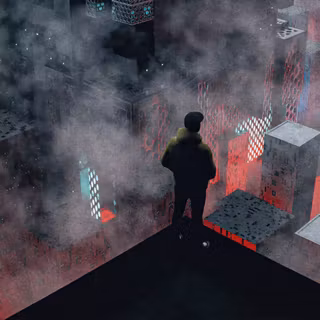 Alone Man On Dark Cyberpunk Rooftop