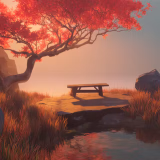 Red Autumn Tree And Wooden Bench
