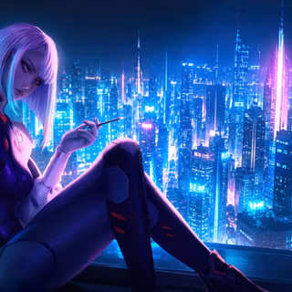 Lucy Cyberpunk Edgerunners Smoking Over City