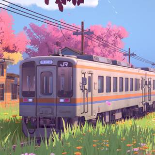 Train Passing Through Spring Cherry Blossoms