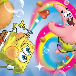 Patrick SpongeBob Blowing Rainbow Bubbles Flying Krabby Patties