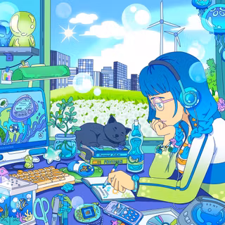 Girl At Her Desk With Cat Beside Her Illustration