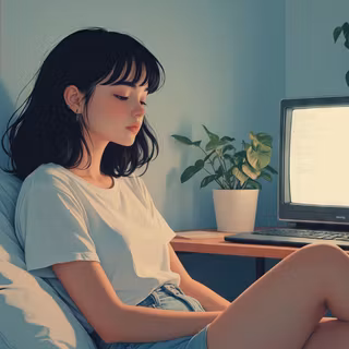 Sad Girl Resting Beside A Retro Monitor With House Plants