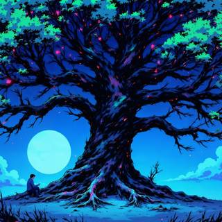 Magical Bioluminescent Tree Under A Starry Night Sky
