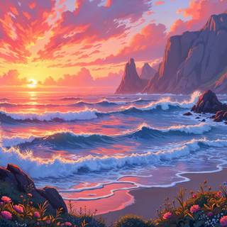 Beautiful Beach Sunset Illustration Landscape