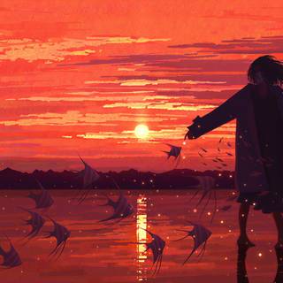 Anime Girl Silhouette At Sunset