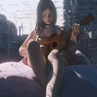 Melancholic Girl Playing Guitar Digital Art