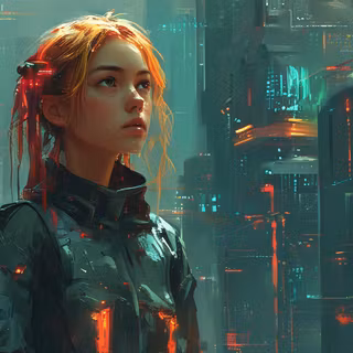 Redhead Girl, City Skyscrapers, Digital SciFi Painting