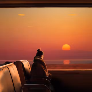 Nostalgic Girl Watching Sunset Drawing