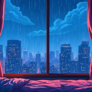 Lofi Bedroom Overlooking a Rain-Streaked Cityscape