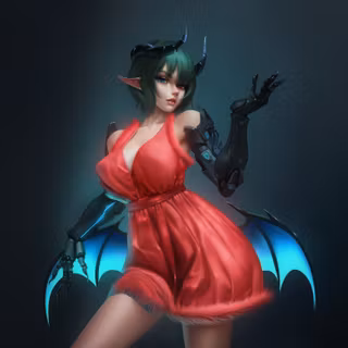 Cyberpunk Demon Girl In Red Dress