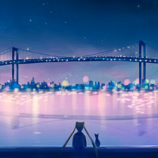 Anime Girl And Cat By The Bridge