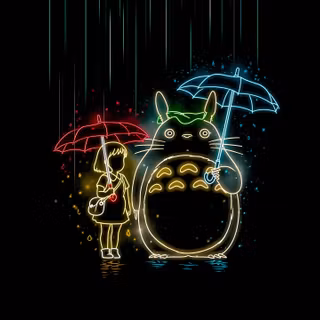 Totoro And Girl Neon Rainy Night