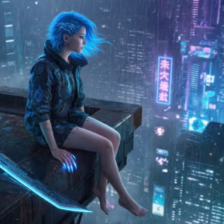 Cyberpunk Blue Hair Warrior Looking At The City
