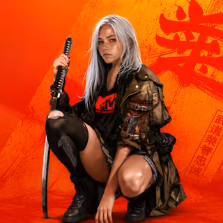 White Hair Girl Katana Warrior Pose