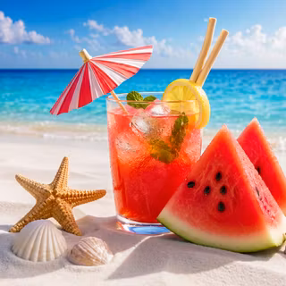 Tropical Beach With Refreshing Watermelon Drink