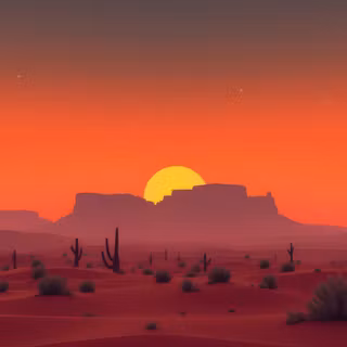 Red Desert Cactus Sunset Illustration