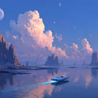 Speedboat Rocky Planet Ocean Art