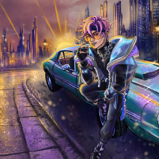 Cyberpunk Anime Boy Leaning On Vintage Car