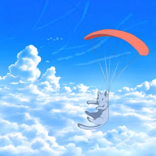 Happy Cat Flying Red Parachute Clouds