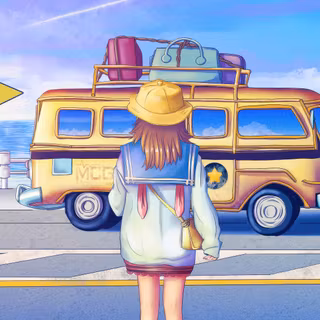 Anime Girl Yellow Van Seaside Summer Road