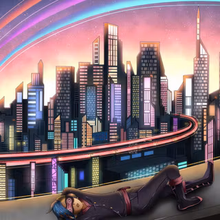 Anime Couple Neon City Rainbow Rooftop