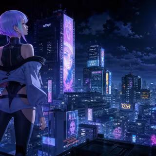 Cyberpunk Anime Girl Purple Hair City Moon