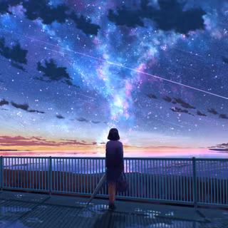 Anime Girl Galaxy Sunset Night Bridge