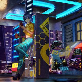 Cyberpunk Anime Girl Standing Alongside Vending Machine