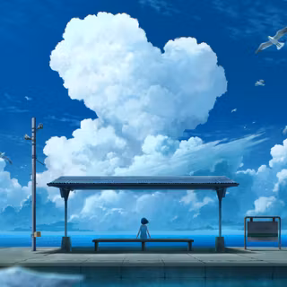 Anime Girl Seaside Station Heart Cloud