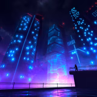 Blue Purple Neon Cyberpunk City Rooftop Silhouette