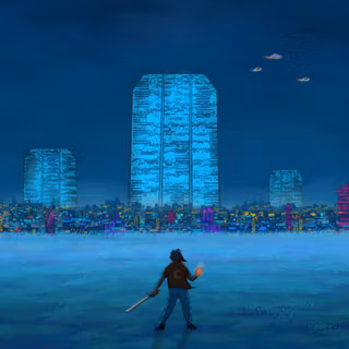 Lone Swordsman Facing Cyberpunk Blue City