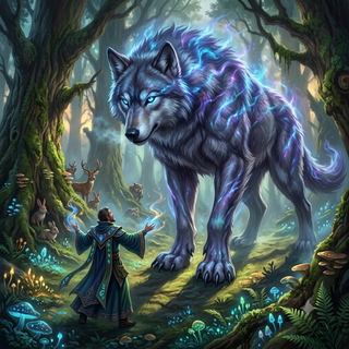 Sorcerer uses a growth spell on a Wolf