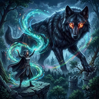 Sorcerer uses a growth spell on a Black Wolf