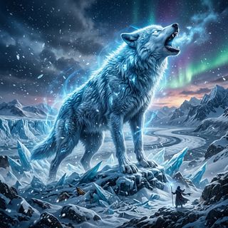 Sorcerer uses a growth spell on an Arctic Wolf
