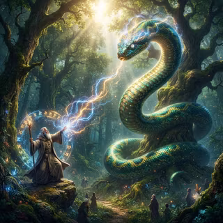 Sorcerer uses a growth spell on a Snake