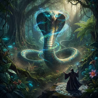 Sorcerer uses a growth spell on a King Cobra