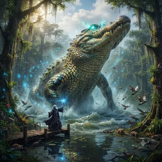 Sorcerer uses a growth spell on an Alligator