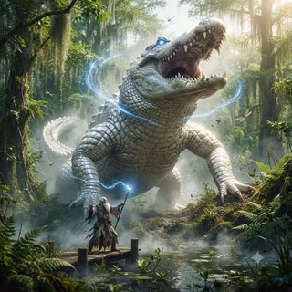 Sorcerer uses a growth spell on a White Alligator
