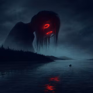 The Dark Giant Watcher With Glowing Red Eyes Over Dark Lake