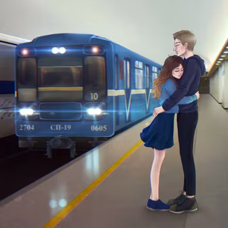 Anime Couple Hugging On Subway Platform Train Arriving