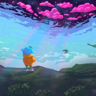 A Cute Little Kid Standing On Hill Pink Clouds Floating Leaves